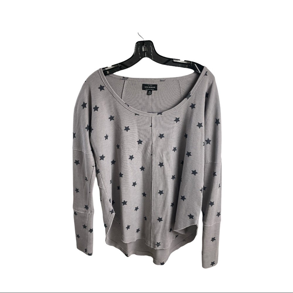 Women’s Lucky Brand Scoop Neck Ribbed Henley Gray with Navy Stars Size Small